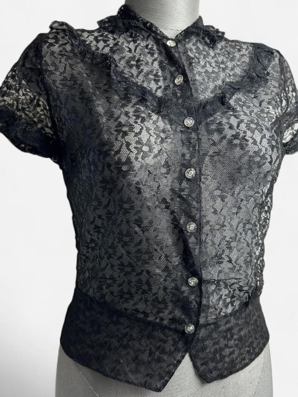 Vintage Jami California black lace button front blouse sz 34